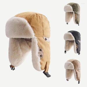 Berety zimowe czapki earflap bombardowe bawełniane jagnięce włosy ochrona ucha Rosyjskie czapkę Plush zagęszcza wiatrowoodporne alpaofowe korek śnieżny śnieżny czapka