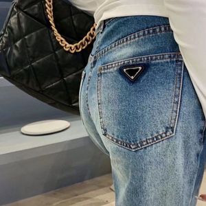 Women's designer jeans blue straight leg pants pocket metal logo patch smoke gray jeans casual pants