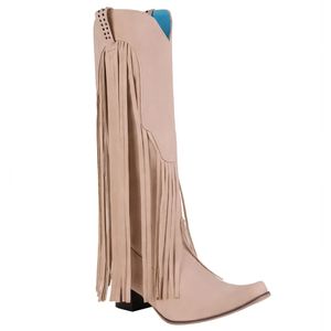 Boots BONJOMARISA Arrival Cowboy Western Long knee-high Boots Women Stacked Heeled Fringe Retro Casual Ridding Boots Autumn Shoes 231007