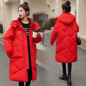 Damen Trenchcoats Winter Mit Kapuze Lange Parka Dicke Warme Koreanische Pufferjacke Frauen Daunen Baumwolle Mantel Ärmel Oberbekleidung Schwarz Gelb