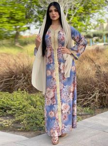 Ethnic Clothing Abaya For Women Printed Robe V Neck Floral Long Sleeved Dress Dubai Turkey Muslin Morocco Caftan Kaftan