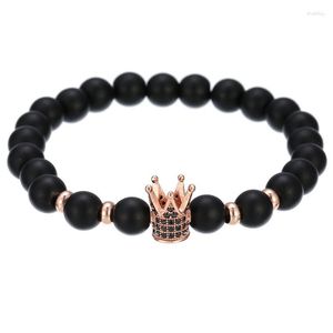 Strand Natural Blcak Matte Onyx Bead 24k Real Gold Multi-Cz Crown Plating Charms Armband för läckra unisex kvinnor män gåva