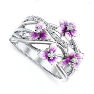 Pierścienie klastra elegancka fioletowa pierścień kwiatowy fioletowy kryształ mały świeży letni wystrój biżuterii dama urodzinowa