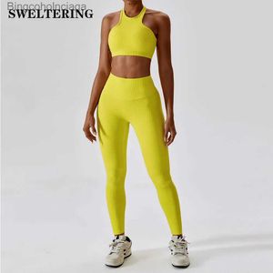 Aktiva uppsättningar 2 -stycken Gym Yoga Set Ribbed Women Tracksuit Seamless Sportswear Outfits Workout Fitness Shorts för FE Sports Leggings Suitl231007