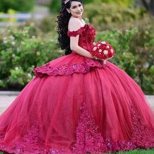 Vermelho com decote em v fora do ombro brilhante quinceanera vestidos tule appleques flor miçangas vestido de baile para mulher vestido de baile de noite
