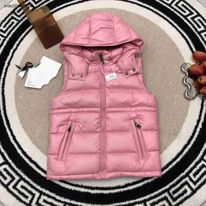 Schöne rosa Kinder-Weste mit weißer Gänsedaunen-Kapuze, hochwertige Weste für Babys, Größe 110–170 cm, ärmellose Jacke, Okt. 05