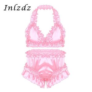 Mens Sissy Crossdresser Lingerie Suit Satin frilly ruffled underkläder set bh toppar med knickers blommar trosor gay underkläder set288e