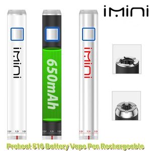 Bateria de fábrica de Shenzhen Imini 650mAh Bateria 14mm ARI 1.8-4.2V Pré-aqueça Tensão Variável VV Baterias 510 Cartuchos Carrinhos Pré-aqueça 510 Bateria Vape Pen Recarregável