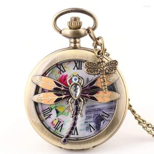 Pocket Watches 50st/Lot Vintage Bronze Hollowed Dragonfly Watch with Pandent Men Women Quartz Gift Wholesale