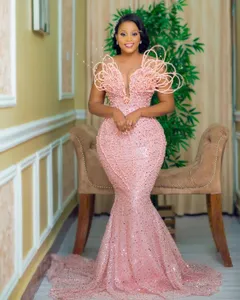 2023 Oct Aso Ebi Arabic Mermaid Pink Prom Dress Pearls Sequined Lace Evening Formal Party Second Reception Birthday Engagement Gowns Dresses Robe De Soiree ZJ333