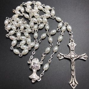 Pendant Necklaces 10pcs set White 6 4mm Glass Pear Rosary Oval Bead Catholic Rosario Cute Pearl Necklace Chalice Center251V