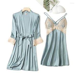 Women's Sleepwear Wedding Robe Set Lady Summer Sexy Patchwork Lace Trim Kimono Bathrobe Gown Thin Faux Silk Home Dressing