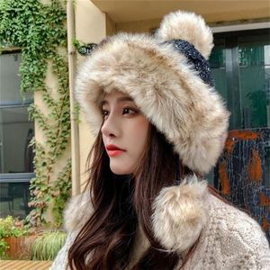 Beanie Skull Caps Moda Cappello di pelliccia lavorato a maglia Berretto invernale da donna russo con due cappelli con pompon Caldo soffice ed elegante coda femminile Beanie2373