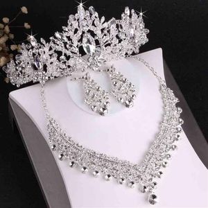 Kmvexo Luxury Heart Crystal Bridal Sets Wedding Rhinestone Crown Tiara Earrings Choker Necklace African Bead Jewelry Set1712