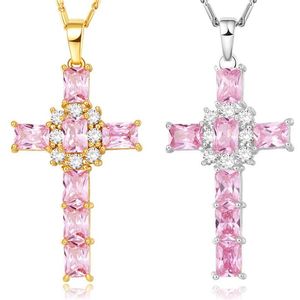 NAKELULU ожерелье с кристаллами и крестом, женское ювелирное изделие, подарок, цельное серебро, золотой цвет, роскошный розовый прозрачный кулон с кубическим цирконием, Chain191E