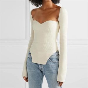 2021 new spring and summer fashion women clothes cashmere sqaure collar full sleeves elastic high waist sexy pullover 0119022351