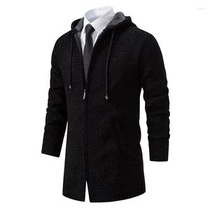 Men's Trench Coats Autumn Winter Men Hooded Sweater Thicken Long Sleeve Drawstring Plush Lining Mid-Length Knitting Jacket Male Coat