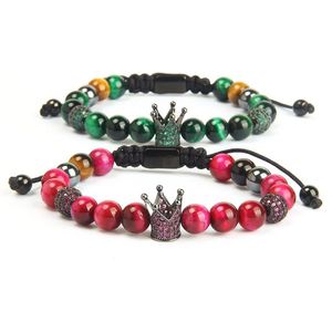 New Design Fashion Couples Crown Bracelets With 8mm Green & Rose Natural Tiger Eye Stone Beads Beaded Bracelet Attractive Jewelry 243Z