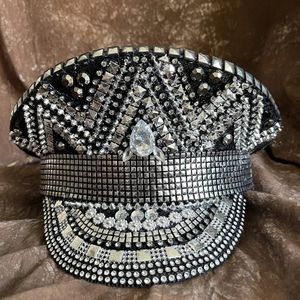 Party Hats Luxury Rhinestone Women Wedding Bride Captain Hat Black Military Hat Sergeant Hat Hen Festival Birthday Part Hat 231007