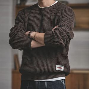 Erkek Sweatters Maden Erkekler Kış Büyük Boy Tükenmiş Külot Sweater Seti Japonya Vintage Katı O-Neck Sonbahar Kahve Erkek Örgü Sweaters 231007