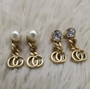 Dos boucles d'oreilles mode perle diamant balancent Aretes pour les femmes fête de mariage fiançailles amoureux cadeau bijoux avec boîte