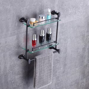 Wall Mounted Oil Rubbed Bronze Glass Bath Shelf Double Lever Towel Bar Towel Shelf Storage330E