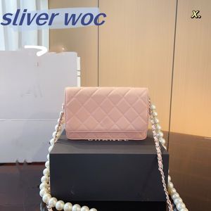 Mini-Damen-Designer-Woc-Tasche, Designer-Tasche mit Klappe, Umhängetasche, Handtasche aus echtem Leder, rosa, schwarz, weiß, Kettentasche, Perle, Gold, Kugel, Diamant, Geldbörse, Reichtumstasche