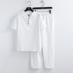 Men's Tracksuits Summer Youth Style Cotton And Linen T-shirt Ankle Length Pant Set Two Pieces Solid Men Suits Casual Clothing