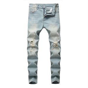 Mäns jeans blå svartvita svettbyxor sexiga hål byxor casual man rippade magra byxor smala cyklist outwears235w