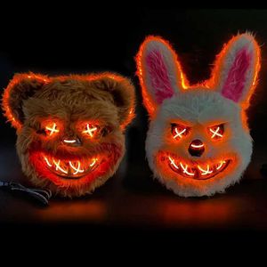 Party Masks Horror Bloody Rabbit Bear Mask Halloween LED Luminous Animal Simulation Fur Mask Cosplay Masquerade Party Costume Decoration Q231007