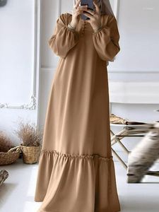 Abbigliamento etnico Moda Volant Orlo Abito musulmano Donna Manica lunga Tinta unita Maxi veste Elegante Turchia Hijab Abiti islamici