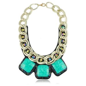 European Chunky Gold Plated Chain Exaggerated Square Resin Gem Statement Bib Necklace For Women223P