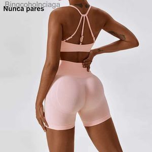 Aktive Sets Nahtlose Hohe Stretch Yoga Set Frauen High Neck Open Back Sport Bh Scrunch Butt Shorts 2Pcs Gym anzugL231007