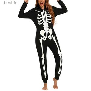 Тематический костюм Хэллоуин Пижамы Страшный скелет приходят для взрослых Комбинезон с черепом ужасов Картонные толстовки с капюшоном Пижама для женщинL231007