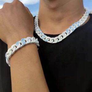 Chain Mens Women Fashion Engraved Flower Colored Enamel cuban link Stainless steel Bracelets Necklace lovers gift Hip hop jewelry 219U