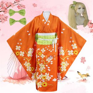 Anime super danganronpa 2 adeus desespero hiyoko saionji quimono cosplay peruca traje feminino laranja quimono vestido halloween partycosplay