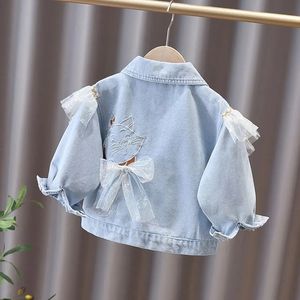 Jackor Spring Fall Fashion Girls Denim Jacket Falbala Full Sleeve Cartoon Cat Embroidery Casual Toddler Girl Lace Bow Jean Tops Outwear 231007