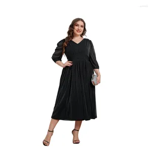 Lässige Kleider Plus Size Damen Kleidung Frühling Sommer Mode Elegant Schwarz V-Ausschnitt Dreiviertelärmel Temperament Midirock Partykleid