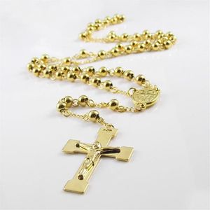 Hänghalsband högkvalitativa mode män kvinnor Jesus kors halsband charms guld rostfritt stål kulkedja radband pärlor smycken266s