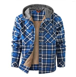 Men's Jackets Cotton Flannel Shirt Jacket With Hood Mens Long Sleeve Quilted Lined Plaid Coat Button Down Thick Hoodie Outwear Male Clothing