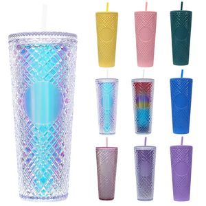 Mugs 710ML Diamond Radiant coffee cup With Lid and Straw Water Mug Tumbler Cup Double Layer Plastic Coffee Mug Large Capacity 231007