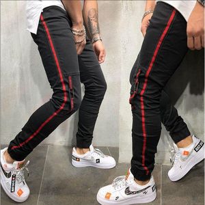 Men's Jeans Skinny Men Red Stripe Mens Biker Denim Super Spray Black Pockets Rubber Band Of Calf210e