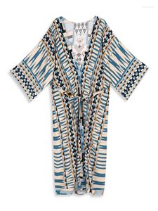 Abiti casual 2023 Blu retrò stampato manica lunga con cintura Plus Size Bohemian Kimono Tunica Donna Top e camicette Camicie Abito lungo