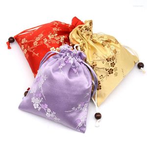 Bolsas de joyería 3 unids Patrón de flores de cerezo Pequeñas bolsas con cordón para embalaje Bolsa de regalo Litera Seda Satén Almacenamiento Bolsillo Bolsita