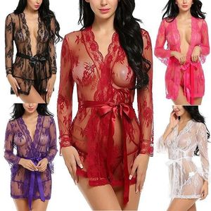 Sutiãs conjuntos femininos sexy lingerie transparente malha sleepwear renda transparente primavera e verão mulheres robe roupões305g
