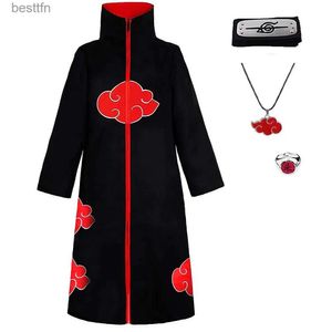 Temedräkt Akatsuki Cloak Kids Itachi Long Black Unisex Robe Capes Halloween Cosplay för anime Kom med pannbandsringhalsband231007