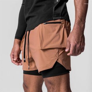 Shorts masculinos verão dupla camada 2 em 1 esportes capris moda bolso com zíper calças de fitness multifuncionais