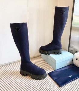 Luxury Monolith Knitted Women Boots lug sole Nylon Gabardine platform Shoe high-top Womens Socks Boots Black navy Blue Triangle logo knee boot sock short booties