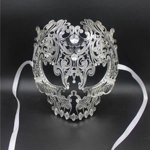 Whole- Black Full Face Skull Men Women Metal Laser Cut Silver Masquerade Party Masks Gold Red Ball Rhinestone Prom Venetian Ma283F