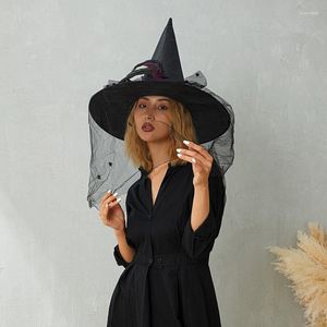 Berretti da donna Halloween nero bianco cappello da strega fiore di piume vintage con velo per feste di ballo di fine anno